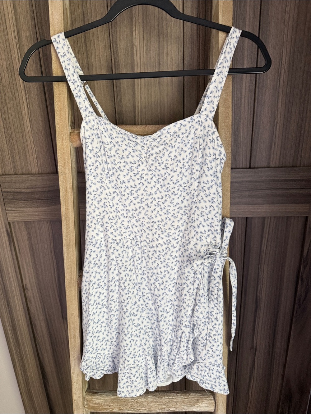 Hollister White Romper Sundress with Blue Floral Print